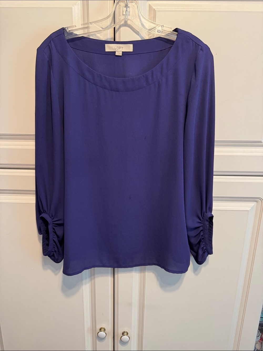 LOFT Purple Scoop Neck Blouse with Ruched Cuffs